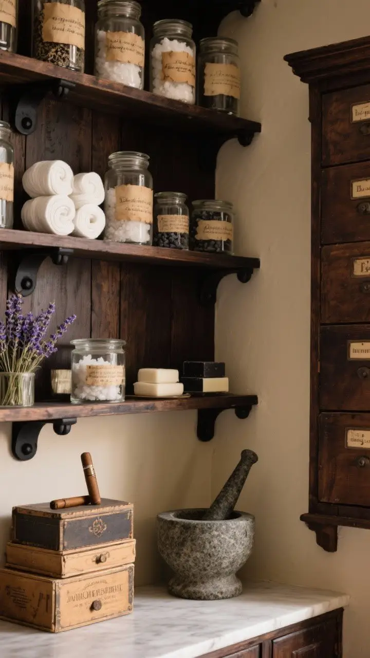 Detail shot, corner angle: Old-world apothecary storage with dark-stained wood shelves and black brackets holding glass jars labeled in parchment style—filled with cotton rounds, bath salts, dried lavender, and charcoal soaps; a vintage apothecary cabinet and cigar box stacked below; a stone mortar and pestle displayed prominently; warm, diffuse lighting; photorealistic.