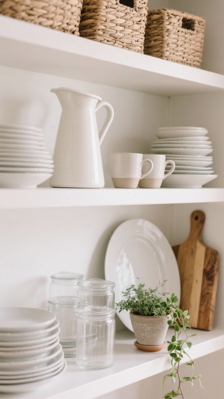 Detail shot, eye-level: Curated open shelves styled with stacks of white dishes, stoneware mugs, clear glass canisters, a leaning cutting board, and a small potted trailing plant. Follow the tall-wide-stack-plant formula: a tall white pitcher, a wide platter, a stack of bowls, herbs in a small pot. Neutral woven baskets on the top shelf for hidden storage; soft, indirect daylight.