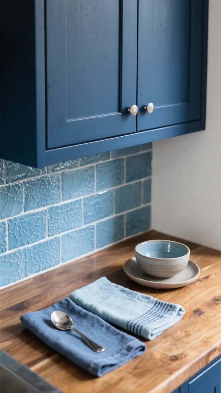 Detail shot: Layered blues styled vignette—ink/navy cabinet door sample, mid-tone textured blue backsplash tile, and pale blue/gray-blue textiles (tea towels) arranged on a warm wood counter. Consistent cool undertones, brushed nickel spoon rest and small ceramic bowl. Overhead flat-lay with soft diffused light to show color relationships.