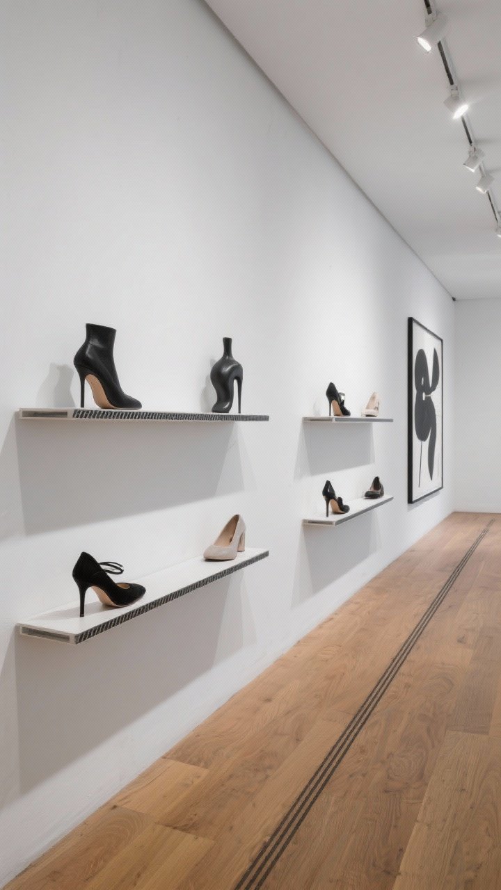 Detail shot, minimal gallery hall: close view of two narrow rows of wall-mounted shoe ledges against crisp white walls, presenting sculptural footwear; shallow ledges with non-slip strips visible; black-framed large abstract artwork partially in frame; warm wood floor and a slim runner guiding the eye; picture light above casting focused illumination; clean, gallery-style composition, side angle for depth.