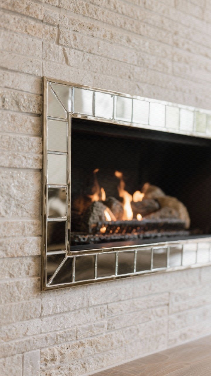 Detail shot of a fireplace surround incorporating metallic-finish tiles as a thin inlay border with small mirror tile strips, paired with neutral stone field tiles for balance, brushed metallic finish to avoid harsh reflections, subtle glam effect with firelight bouncing off surfaces, close-cropped composition highlighting the edge treatment.