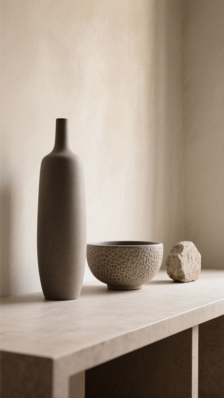 Detail shot of a minimally styled console surface using the rule of three: grouped objects in odd numbers—a tall matte ceramic vase, a shorter textured bowl, and a small stone object—varying height, texture, and shape; ample negative space around them; calm, intentional composition; soft, warm lighting, photorealistic.