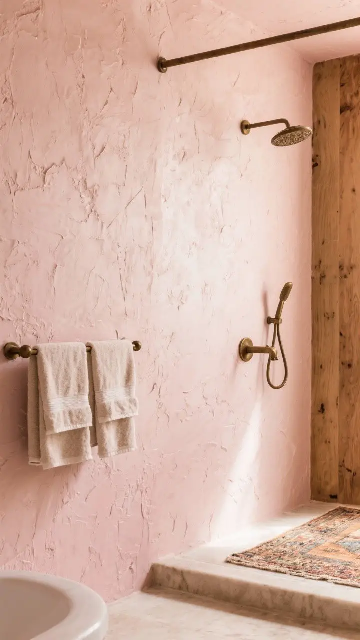 Detail shot of a textured plaster-look shower wall adjacent to barely-there blush beige-pink paint, warm wood accents, linen towels, and bronzed/oil-rubbed bronze fixtures; a vintage rug edge visible at the bottom; warm, diffused lighting for a grounded, spa-like pink mood.