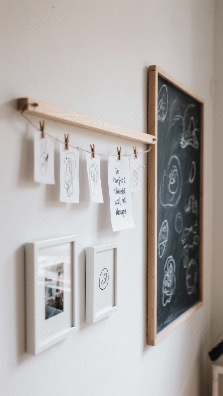 Detail shot of an interactive art wall: a slim wooden clip rail with string and mini clothespins displaying fresh drawings, a few uniform white frames mixing her art, photos, and a playful printable quote, and a framed chalkboard panel painted deep charcoal with doodles; soft side lighting highlighting paper texture and chalk dust