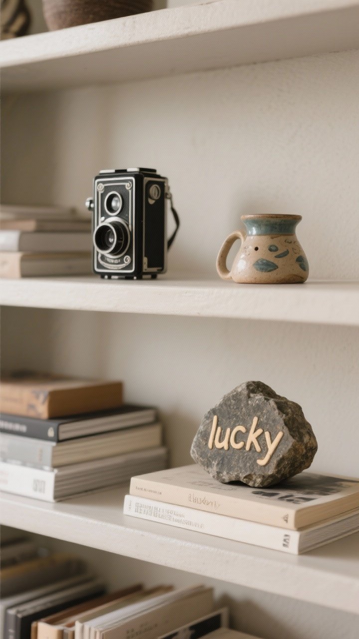 Detail shot of curated conversation pieces on a shelf: a vintage film camera, a small hand-built ceramic from travel, and a quirky “lucky” rock on a low stack of books. One standout item per shelf concept, old-meets-new mix. Neutral backdrop, focused natural light that spotlights the objects, storytelling mood.