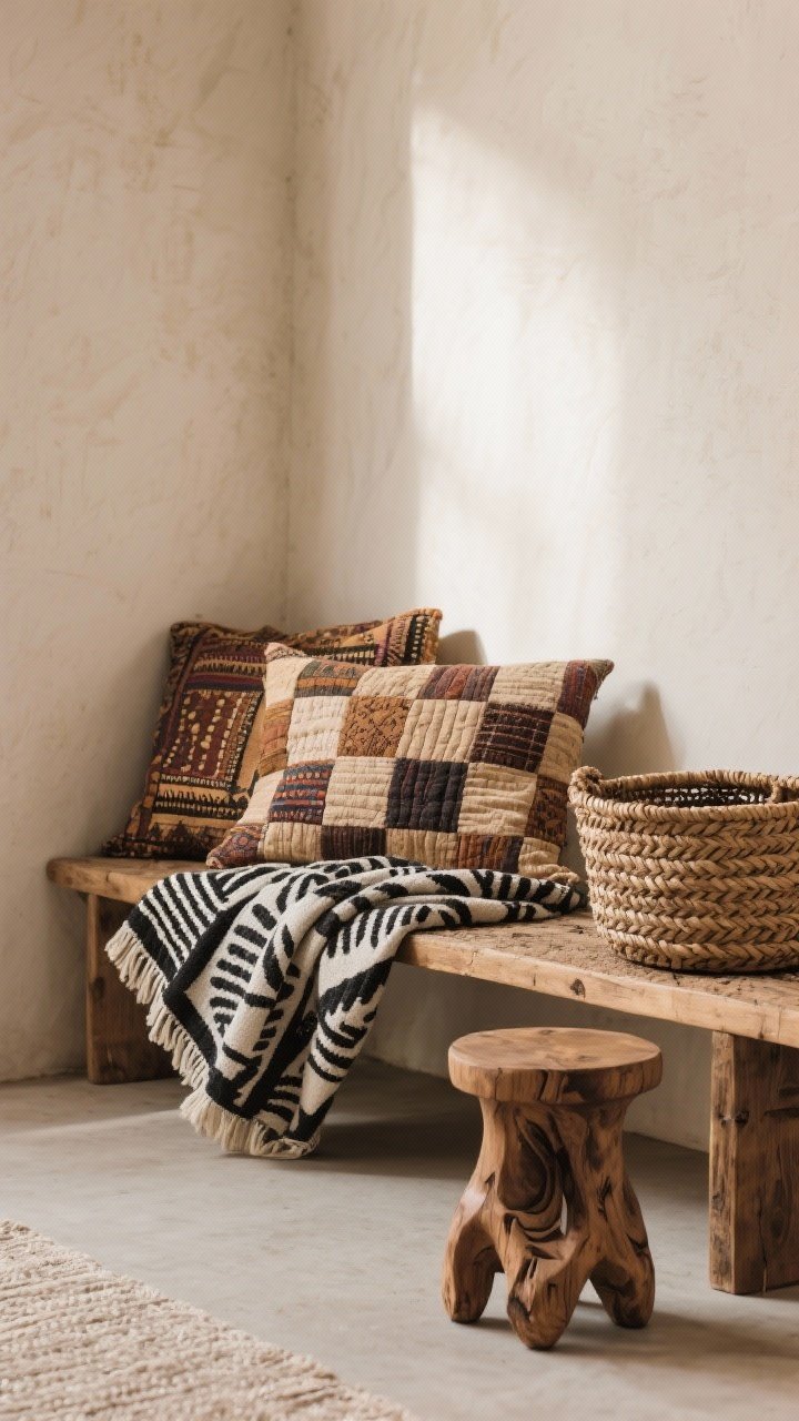 Detail shot of global-inspired accents on a wooden bench: a folded mudcloth throw in black-and-white pattern, a kantha quilt in earthy tones, a handwoven basket used for storage, and a small carved wood stool with organic edges; include subtle wear and artisanal texture; neutral wall backdrop and indirect daylight to emphasize craftsmanship; no brand tags, just authentic materials