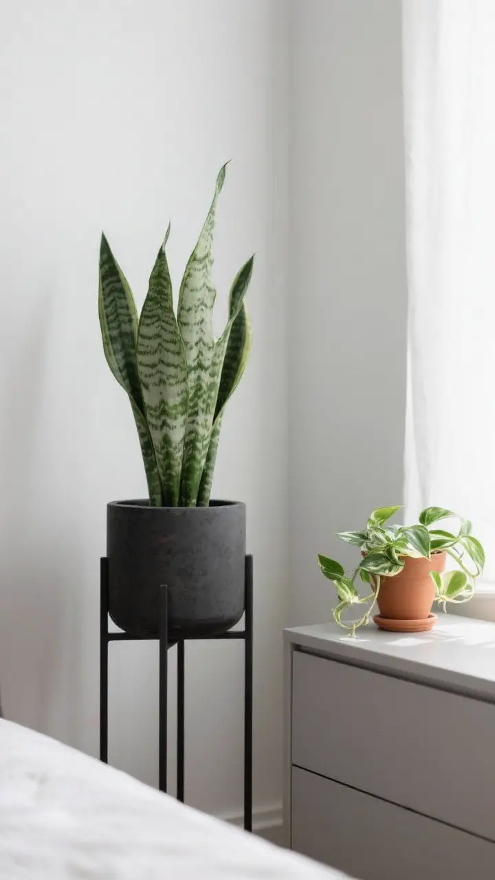 Detail shot of greenery: A matte black or concrete planter holding a snake plant or ZZ plant on a minimalist stand for vertical interest in a corner; on the dresser or nightstand, a small pothos in a terracotta pot. Soft window light grazing leaves, simple backdrop, understated and fresh.