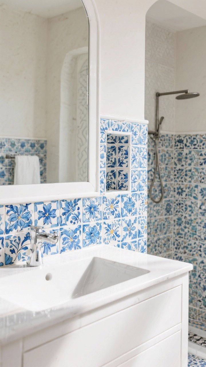 Detail shot of Iznik-inspired tile accents: a white vanity wall with a blue-and-white patterned backsplash of floral and geometric motifs; a crisp white grout line for a designer finish; a shower niche lined in the same bright pattern visible in the background; neutral surrounding walls so the pattern pops; bright, even daylight.