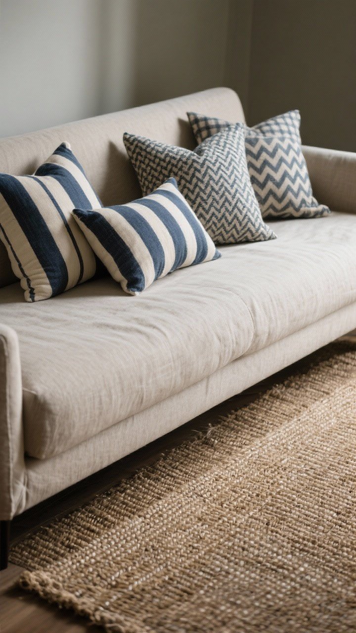 Detail shot of low-key pattern layering: throw pillows mixing narrow navy-and-cream ticking stripes with small checks and a subtle herringbone, arranged on a neutral linen sofa; jute rug base with a flatweave stripe layered on top; soft, directional light highlighting weaves; photorealistic.