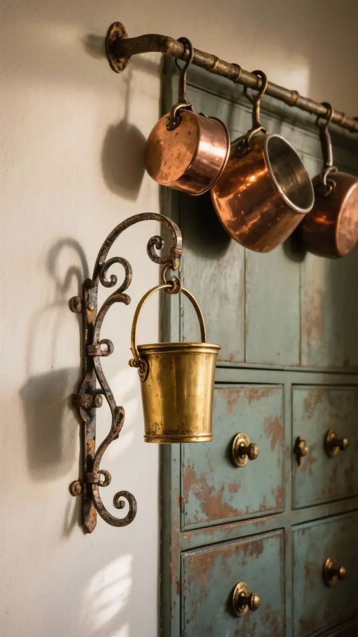 Detail shot of Mediterranean metals: a wrought‑iron wall sconce and aged unlacquered brass bin pulls and knobs on cabinetry; a rail with hanging copper pots providing warm sheen; two finishes only (brass + iron) for cohesion; patina visible on hardware; moody, sun‑warmed glints, no harsh reflections, photorealistic.