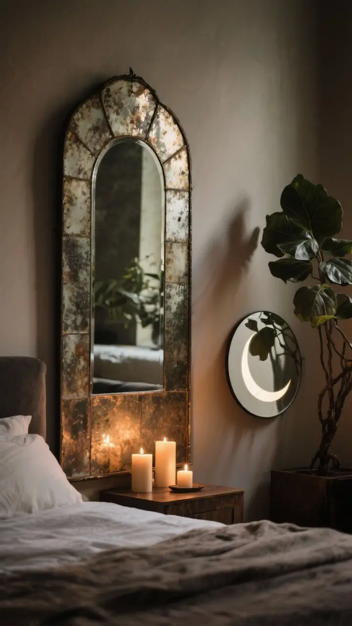 Detail shot of mirrors and shadows: an antiqued foxed-glass mirror with softly mottled patina reflecting the glow of candles and a leafy plant corner; include a small round lunar-style mirror or crescent mirror nearby; dramatic yet soft shadows, avoiding a direct line of sight to a bed; low, warm lighting to create a mystical ambiance, no people, photorealistic.