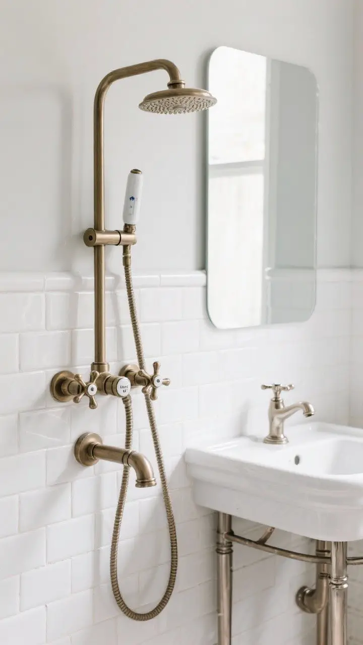 Detail shot of period-style fixtures: an exposed thermostatic shower set in polished nickel with cross handles and porcelain levers, mounted on classic white subway tile; an adjacent ceramic console sink with nickel legs and matching faucet; the hardware’s warm glow shows gentle aging potential; the scene is brightly and evenly lit to emphasize clean lines and modern performance.