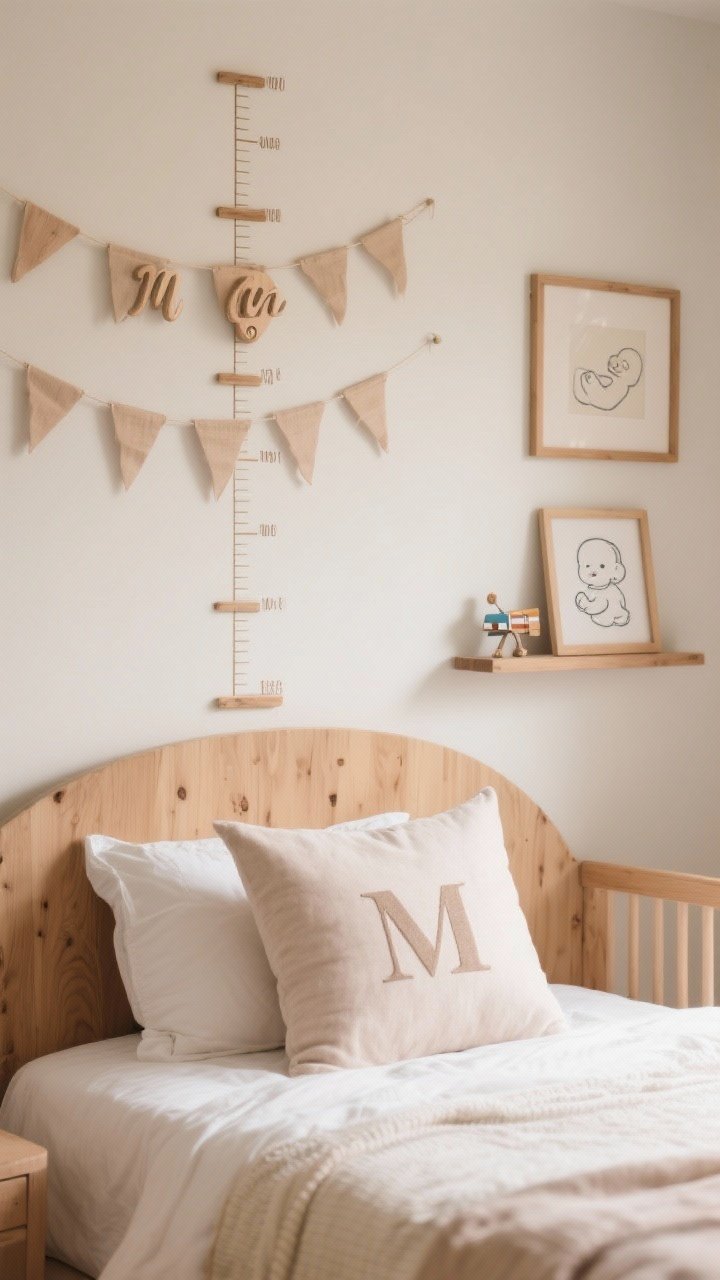 Detail shot of personalized touches: a soft monogram pillow on the bed, a delicate name banner above, a wooden growth chart hung like art on the wall, and a small memory shelf displaying a baby keepsake, a tiny travel memento, and a framed doodle; warm, natural light highlighting wood grain and fabric texture