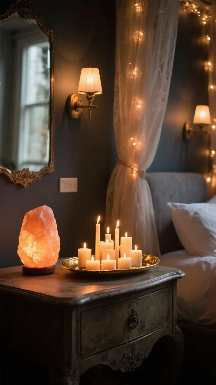 Detail shot of ritual lighting in a moody bedroom: salt lamp glowing softly on a vintage nightstand, candle clusters (mix of LED and real) arranged on a brass tray with wall sconces in the background, warm 2700K string lights tucked into gauzy curtains around a mirror; overall lighting warm and dim with deep shadows, no people, photorealistic.