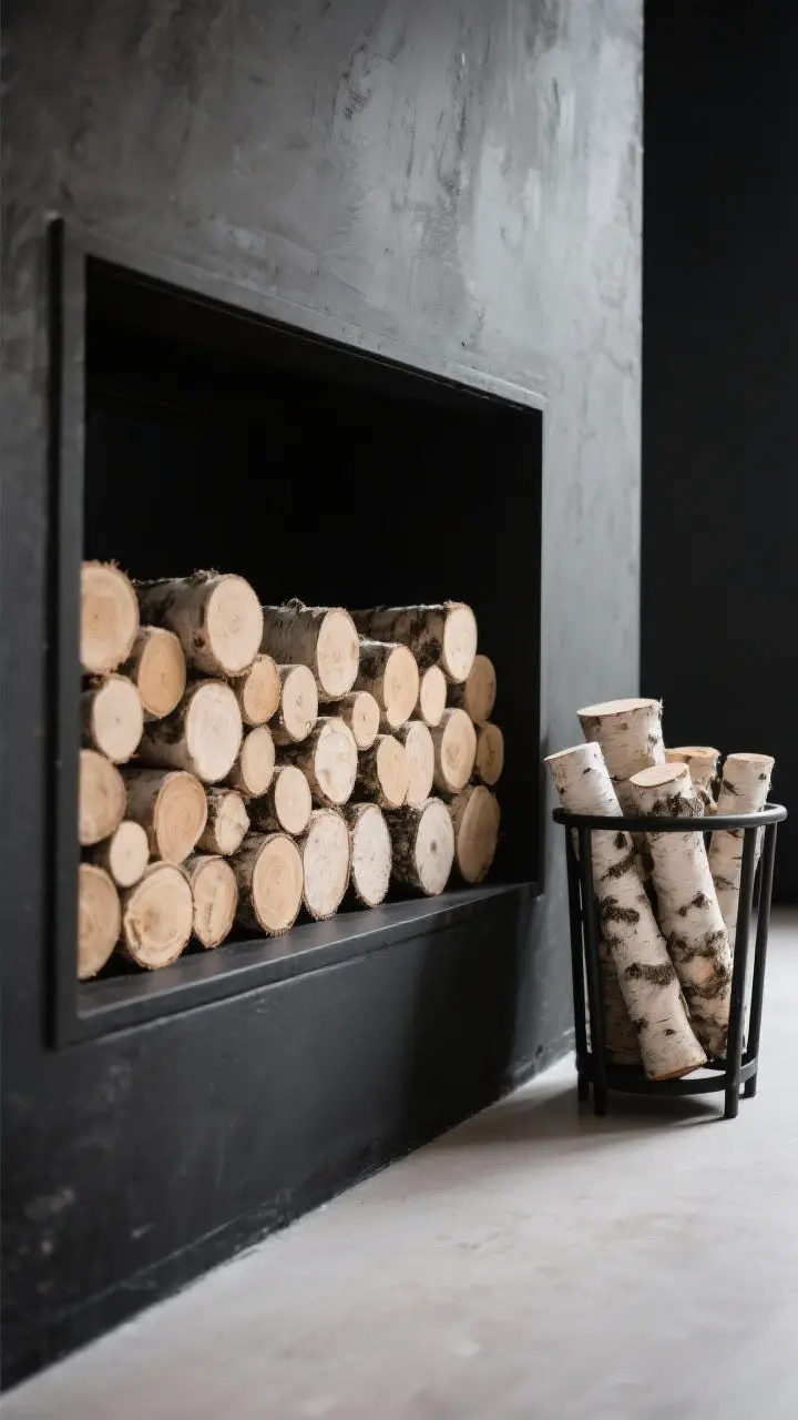 Detail shot of stacked logs in a non-working fireplace: neatly arranged birch rounds inside the dark firebox to brighten it, cut to equal lengths for a clean, graphic look. A black metal log holder beside the hearth keeps extra logs tidy. Emphasis on the pale birch bark texture against a charcoal backdrop. Soft side lighting to accentuate texture and contrast. Straight-on, tight framing.