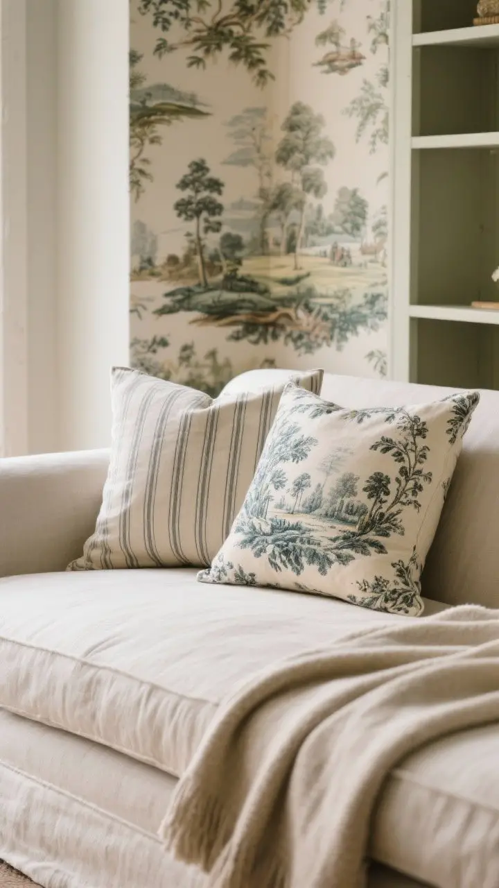 Detail shot of textiles and pattern mix: two toile de Jouy throw pillows on a linen sofa paired with ticking stripe cushion, neutral solid blanket grounding the scene; a glimpse of a toile wallpaper panel behind open shelves; soft, even lighting to keep the toile charming, not stuffy; muted pastoral motifs and small-scale stripes.