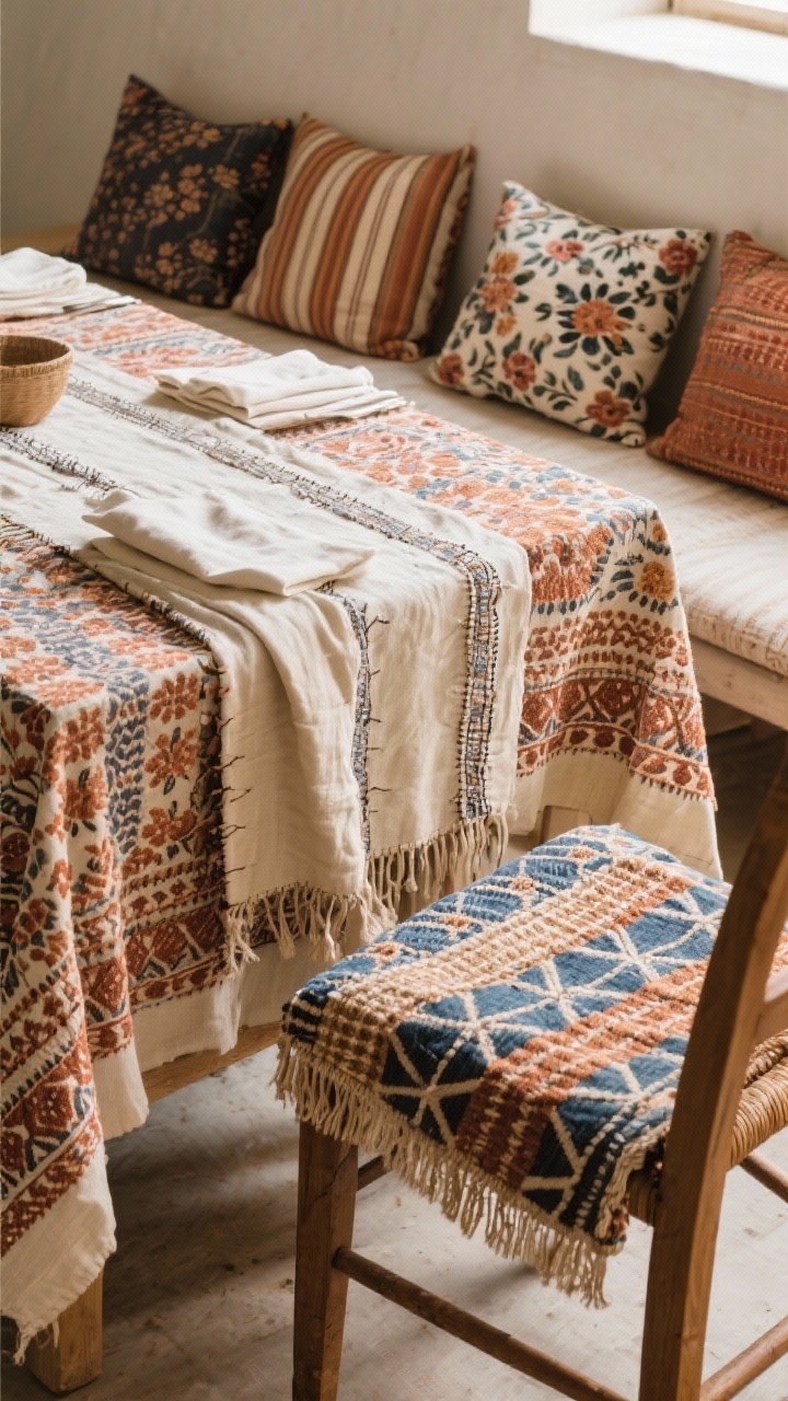 Detail shot on textiles: Layered fabrics create warmth—patterned tablecloth draped over the table, a kantha throw casually over a bench, and contrasting seat cushions on select chairs. Mix prints (stripe, floral, geometric) that relate through shared colors like rust, indigo, and cream. Include natural fibers: a linen runner and cotton napkins. Soft natural side light highlighting weave, stitching, and drape.