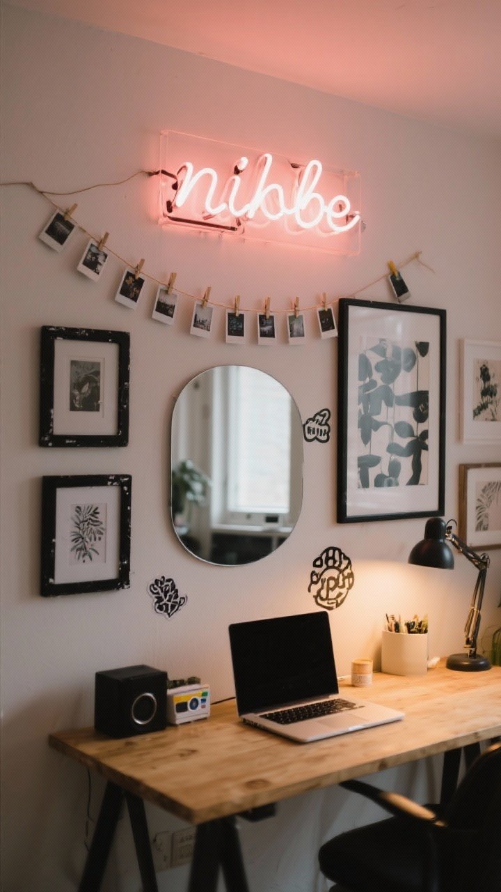 Detail shot: Personal DIY touches. Custom neon sign with a short nickname glowing softly above a desk, a Polaroid string with mini clothespins along the wall, spray-painted thrift frames in matte black unifying mixed art, and small vinyl decals on a mirror and laptop. Warm ambient lighting highlighting the personalized story.