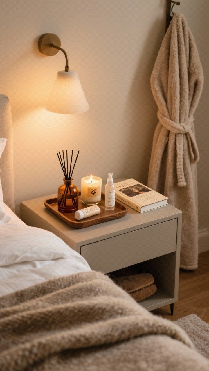 Detail shot: Sensory finishing touches on a bedside tray—amber glass diffuser emitting cedar/sandalwood/vetiver, beeswax candle with a soft flame, hand cream, linen spray, and a favorite book. Nearby, a wool throw at the bed’s foot and a plush robe hanging on a peg in the background. Warm, intimate lighting, photorealistic, overhead or slight top-down angle.