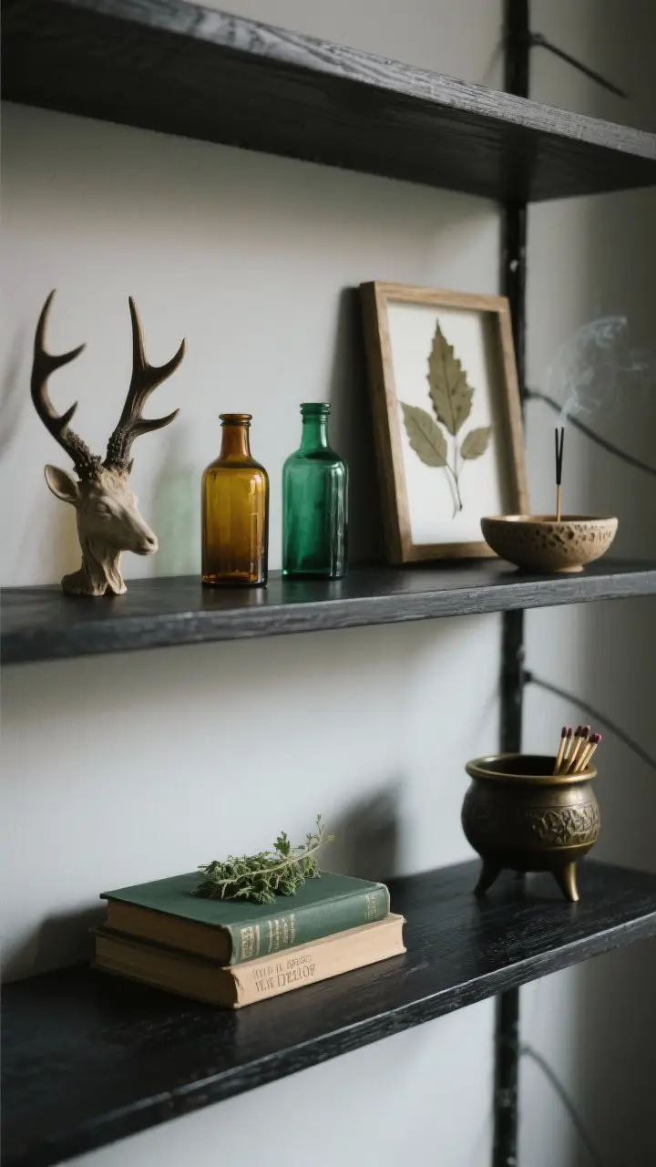 Detail shot, shelf vignette: Curated curios on a narrow dark-wood shelf—grouped in threes with negative space—antique colored glass medicine bottles, a small ethically sourced antler, pressed leaves in a floating frame, a handmade ceramic incense dish, and a tiny cauldron for matches; one petite herb lore book stacked beneath; cohesive palette of black, brass, and deep green; soft, moody glow; photorealistic.