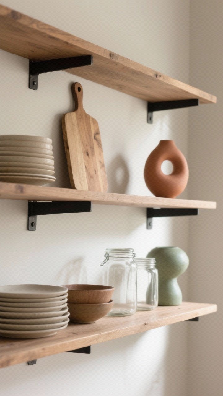 Detail shot, straight-on: Curated open shelving—short runs of wood shelves with black brackets, styled sparingly in a restrained palette: stacked neutral plates, a leaned wood cutting board, ceramic bowls, clear glass jars, one sculptural object in subtle green/terracotta. Soft natural side light highlighting textures, photorealistic, no people.