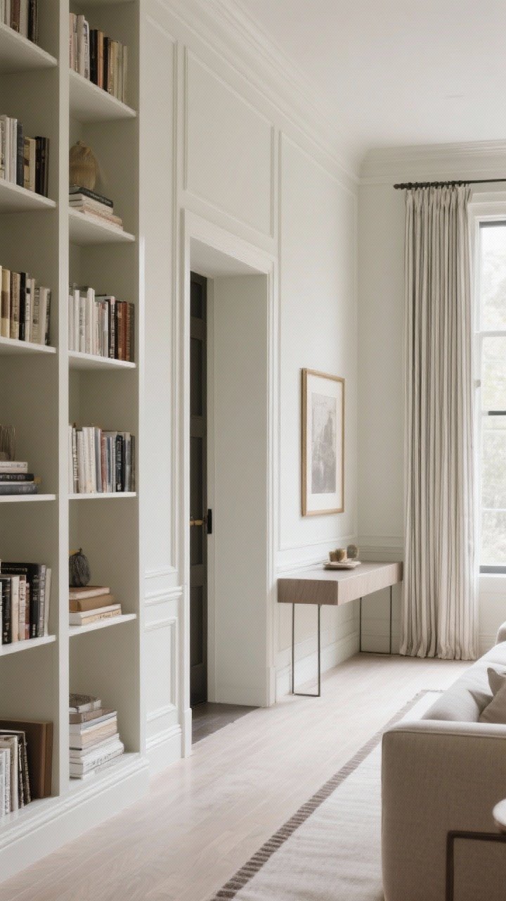 Detail-to-medium composite angle focusing on vertical lines and zoning: tall bookcases that nearly reach the ceiling with 2–4 inches of clearance, subtle vertical stripe curtains on an adjacent window, and picture molding painted the same color as the wall for texture; a slim console subtly divides entry and lounge zones with a narrow runner marking a mini foyer; consistent light palette ties areas together; soft natural light enhances height and flow.