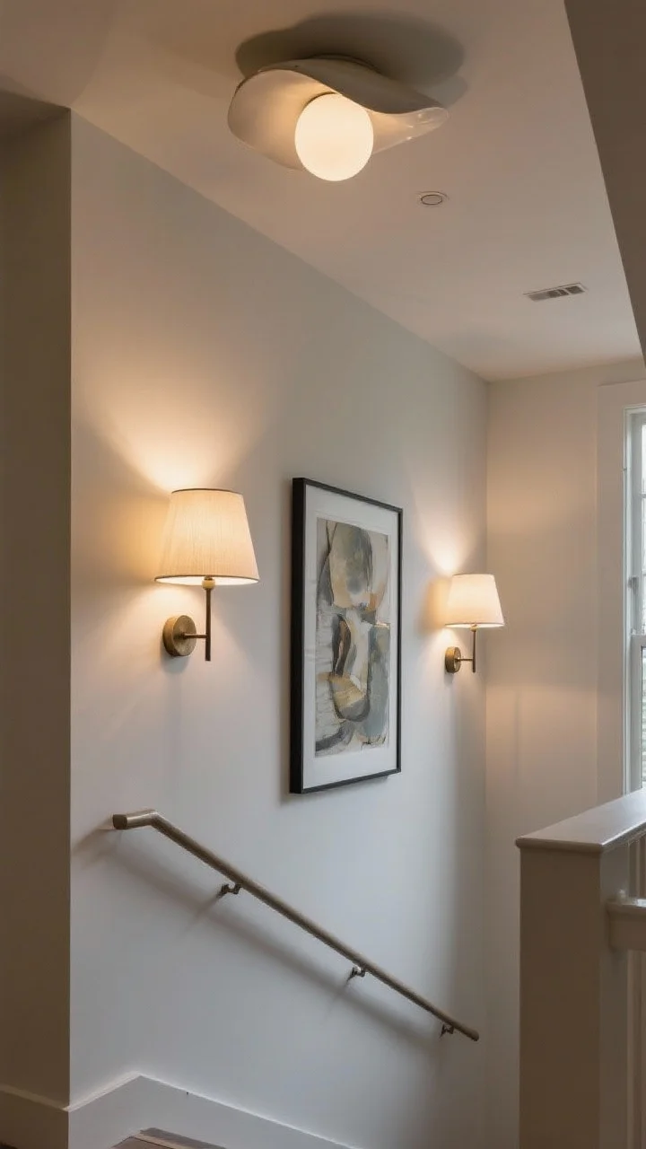 Dramatic medium shot showcasing sculptural lighting on a landing: a pair of pivoting-shade wall sconces framing a piece of art, plus a sculptural flush-mount ceiling fixture with opal globe. Warm bulbs at 2700–3000K casting a soft glow, dimmer set to low for nighttime ambiance. Clean white walls, slim stair rail, controlled shadows highlighting architecture.
