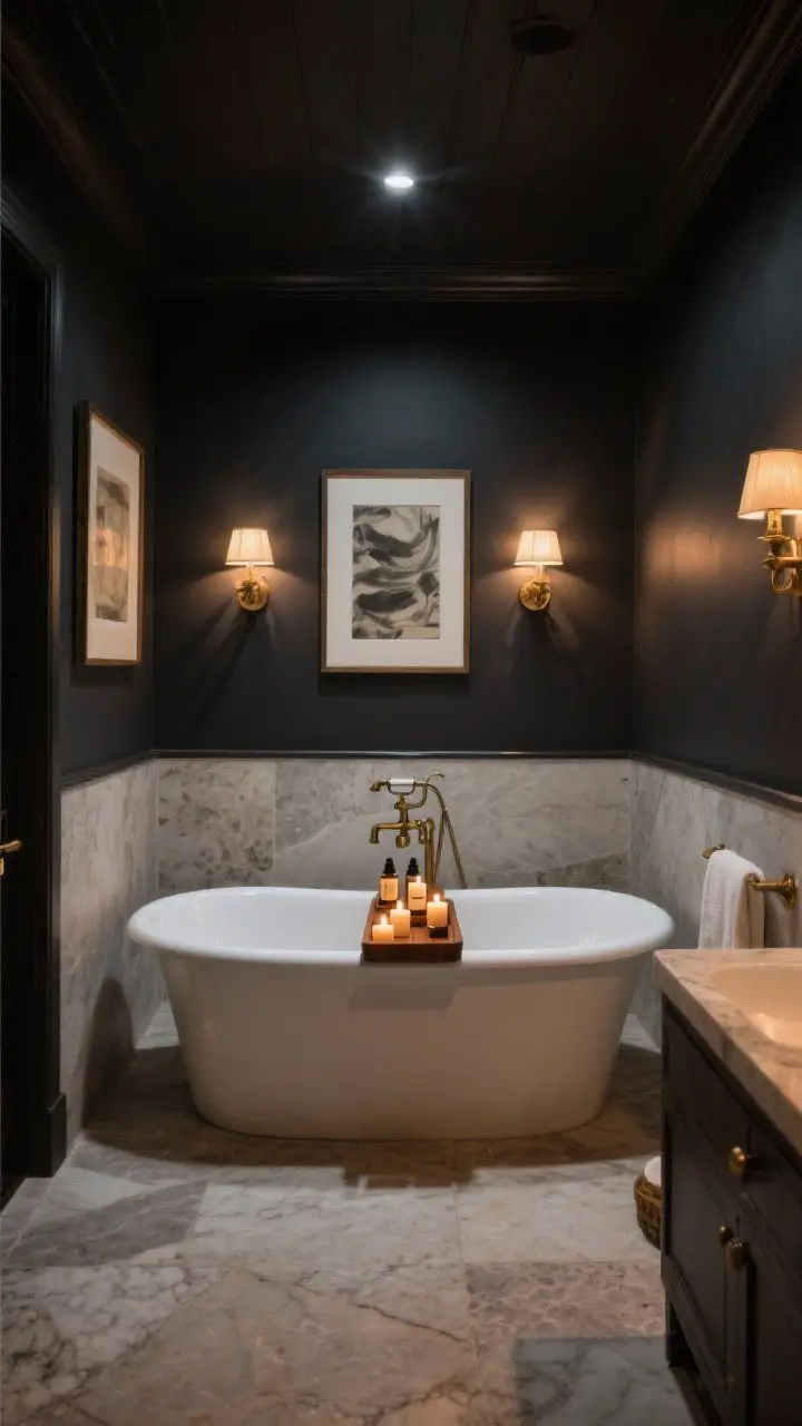 Dramatic wide shot of a spa-night bathroom with deep charcoal walls and ceiling (eggshell/matte), a white freestanding tub centered, aged brass picture lights illuminating framed art, travertine floors, and a teak bath caddy holding candles and bath oils; low, candlelit ambience with warm highlights.