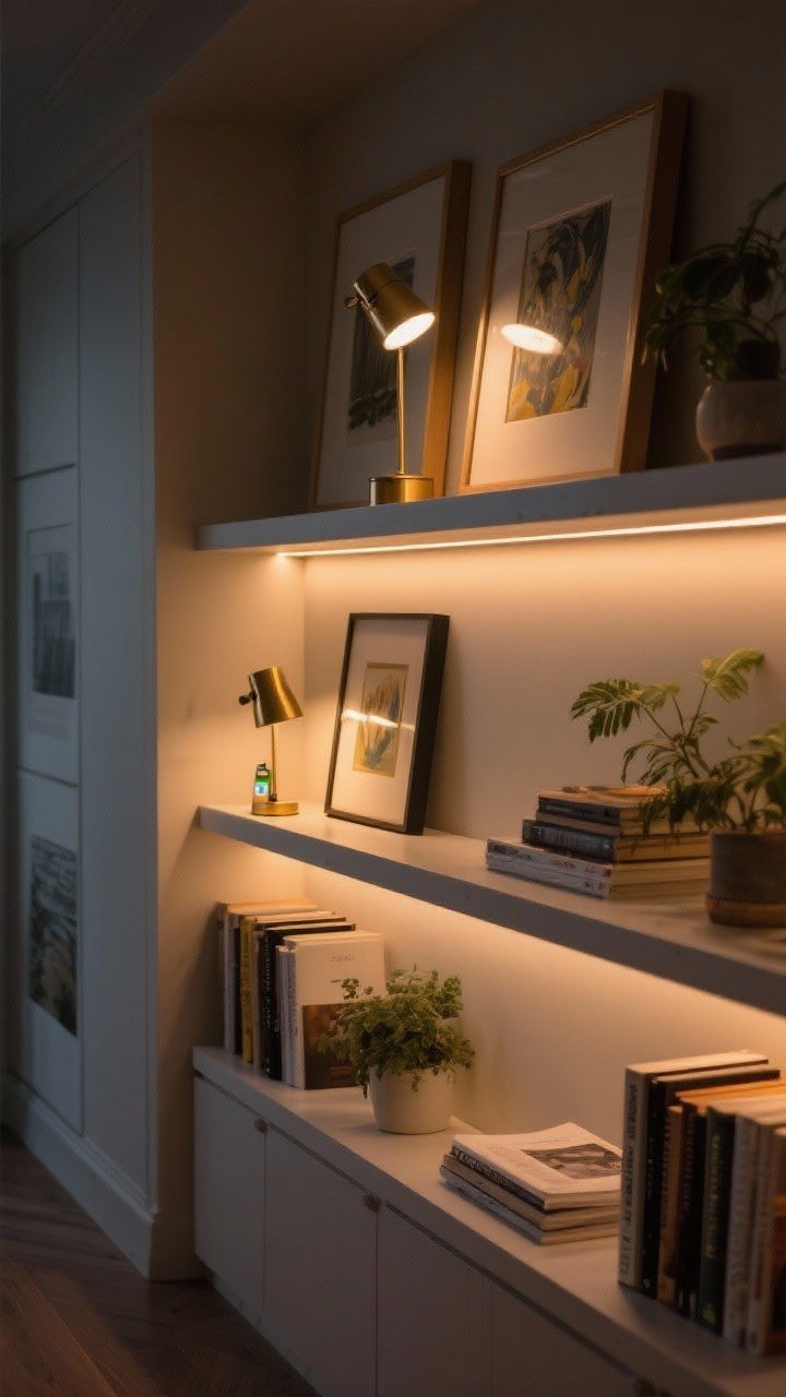 Evening ambiance shot of built-ins with layered lighting: brass picture lights above the shelves, tiny rechargeable shelf lamp tucked among books, and warm LED strip backlighting under a shelf creating a soft wash. Warm color temperature, gentle glow on art and objects, clear safety spacing from plants and paper edges.