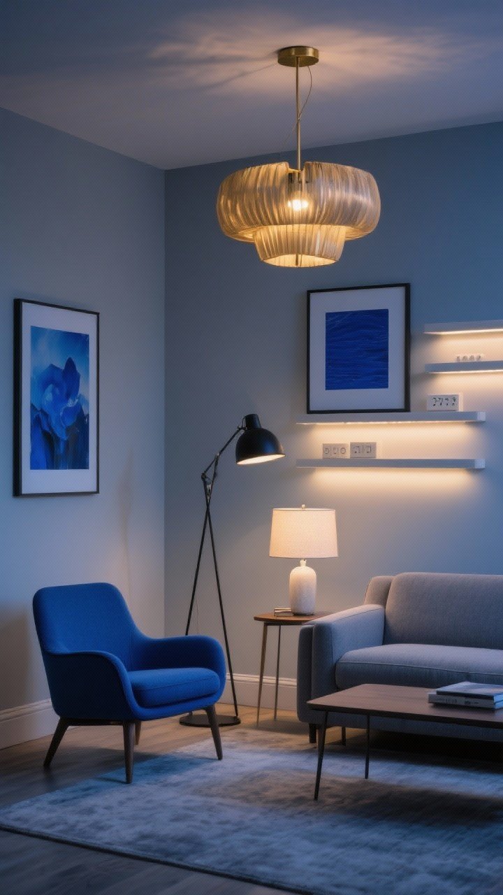 Evening medium shot: Layered lighting in a blue-and-gray space—overhead statement pendant in brass, a black floor lamp for task lighting by the gray sofa, table lamp near a blue-accented chair, plus picture lights over blue-toned art and subtle LED strips on shelves; dimmers set for a warm 2700K–3000K cozy mood.