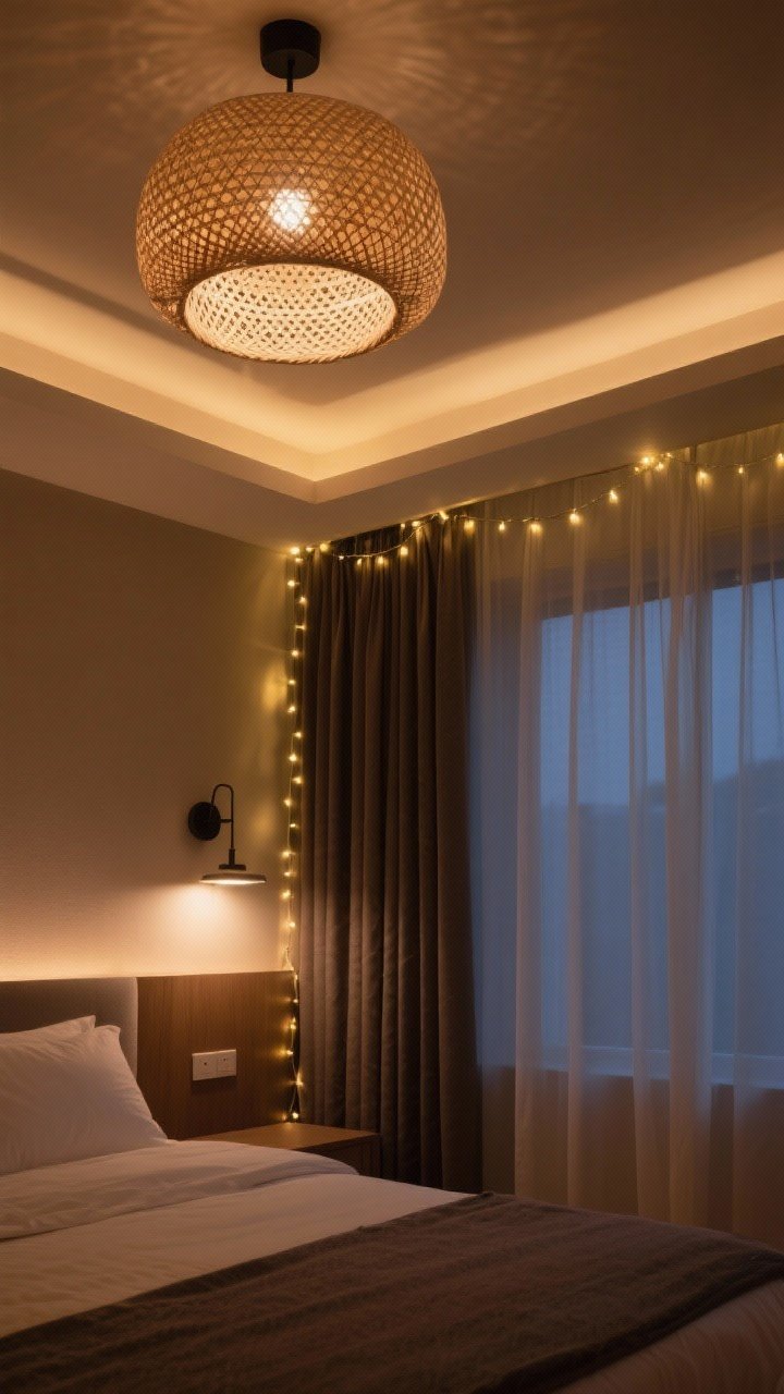 Evening mood lighting medium shot: layered lighting with a ceiling light in a fabric or rattan shade creating soft ambient glow, a wall-mounted sconce as bedside task lighting, a subtle strand of twinkle lights tracing the edge of a canopy, and blackout curtains drawn partway; warm, dimmable ambiance that soothes at bedtime