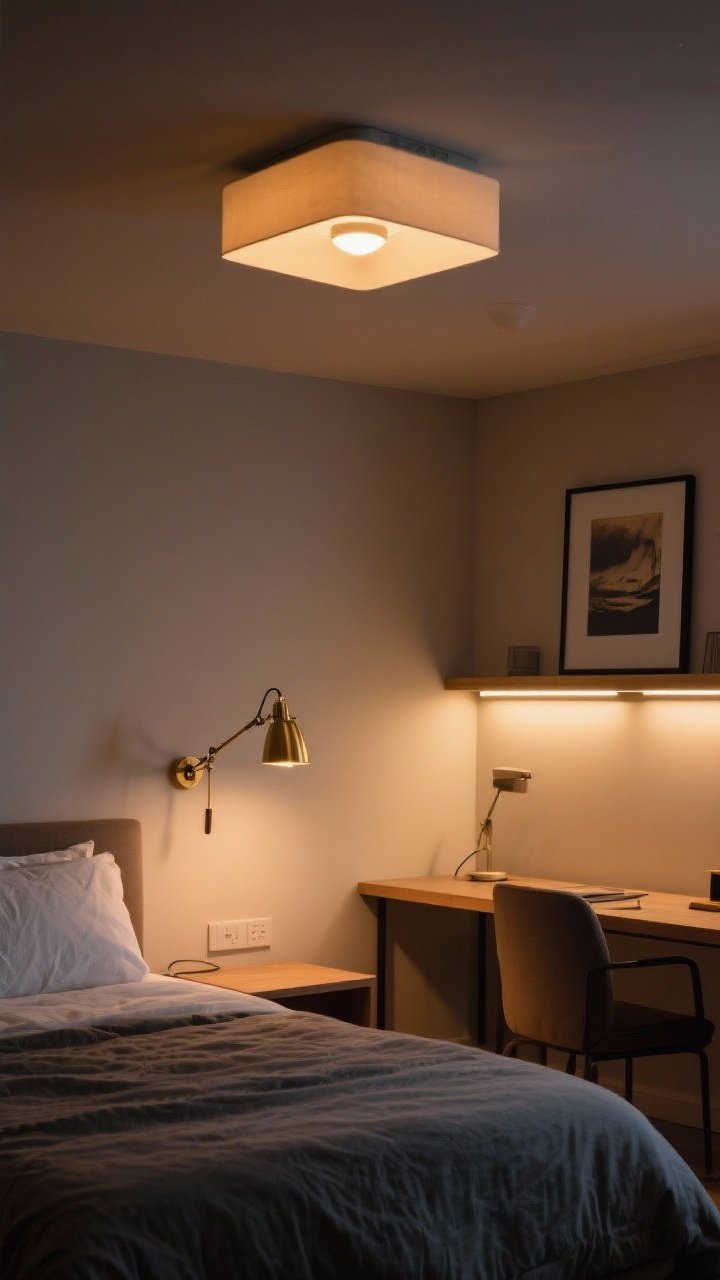 Evening mood medium-wide shot layering light: ambient glow from a shaded flush-mount ceiling fixture with warm 2700K bulbs, task light from a brass swing-arm sconce by the bed and a desk lamp near a workspace, and accent lighting from a picture light above a framed print plus LED strips illuminating a shelf; dimmer-controlled warmth, cozy studio vibe, balanced highlights and shadows.