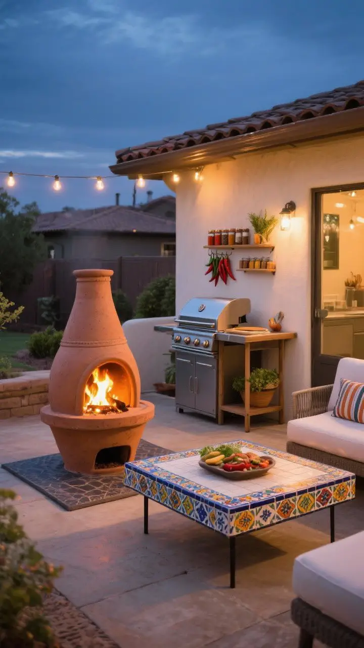 Evening patio scene, medium-wide, celebrating fire and food: a classic clay chiminea on a fireproof pad glowing warmly, a tiled fire table with colorful Talavera edge doubling as a coffee table, and a compact “outdoor kitchen lite” setup with a grill, a tiled prep cart, and a wall-mounted spice rack holding chilies and herbs; cozy, inviting firelight mixed with subtle ambient string lights; safe clearances visible.