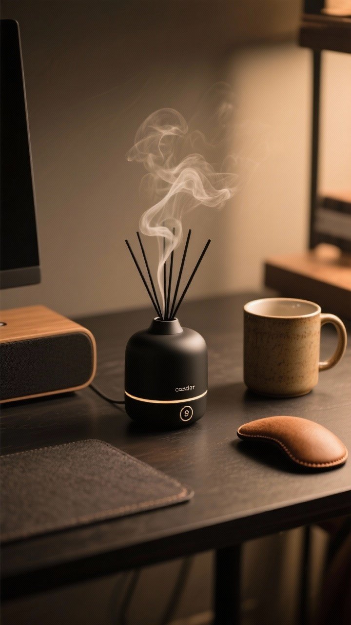 Intimate vignette shot focusing on scent and sound: a matte black diffuser emitting a soft curl of vapor with notes implied (cedar, leather, tobacco-vanilla), a small Bluetooth speaker beside a ceramic mug with heft, and a plush wrist rest on a dark desk; warm, low lighting evokes a cozy, focused atmosphere.