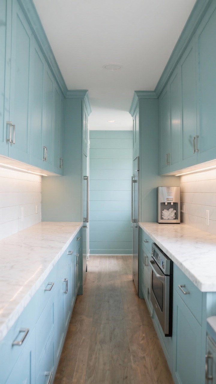 Long galley perspective shot down a coastal-modern pantry: flat-panel cabinets in misty sea-glass blue, matte white quartz counters, full-height shiplap wall painted the same sea-glass tone for a seamless look; minimal brushed stainless tab pulls; a slim beverage fridge, built-in nugget ice maker, and compact steam oven visible in-line; soft under-cabinet LED strip lighting washing surfaces like coastal sun; calm, airy mood.
