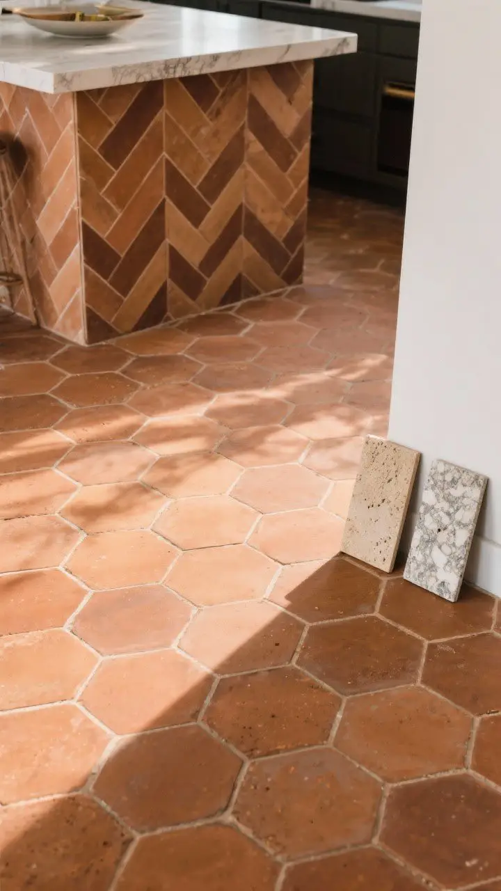 Low-angle detail shot of terracotta flooring: hexagon terracotta tiles in a matte sealed finish catching warm afternoon light, subtle crumb-hiding variation; adjacent inset shows a herringbone layout area under an island; small sample boards of travertine and tumbled marble placed to the side as alternatives; close, tactile texture focus, photorealistic.