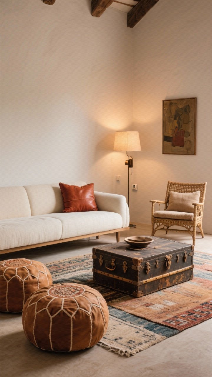 Low, loungey seating scene, medium-wide: a low-profile cream sofa with a rust lumbar pillow, Moroccan leather poufs in camel, oversized floor cushions on a layered rug setup, and a low coffee table made from stacked vintage trunks; add a rattan or cane chair with a plush cushion for structure; keep art and a plug-in sconce hung lower to match the seating height; soft evening lamp light for relaxed vibes