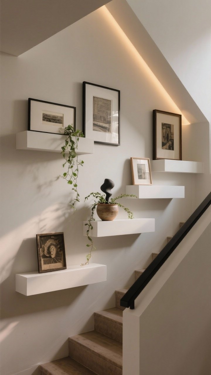 Medium angle following the stairs: Staggered picture ledges installed at different heights mirroring the staircase slope; 3–4 inch deep white ledges holding layered frames that overlap, a small trailing plant in a ceramic pot, and a sculptural object; heavier pieces placed on the lower ledge; warm ambient lighting with subtle shadows, matte wall paint and a slim handrail in black.