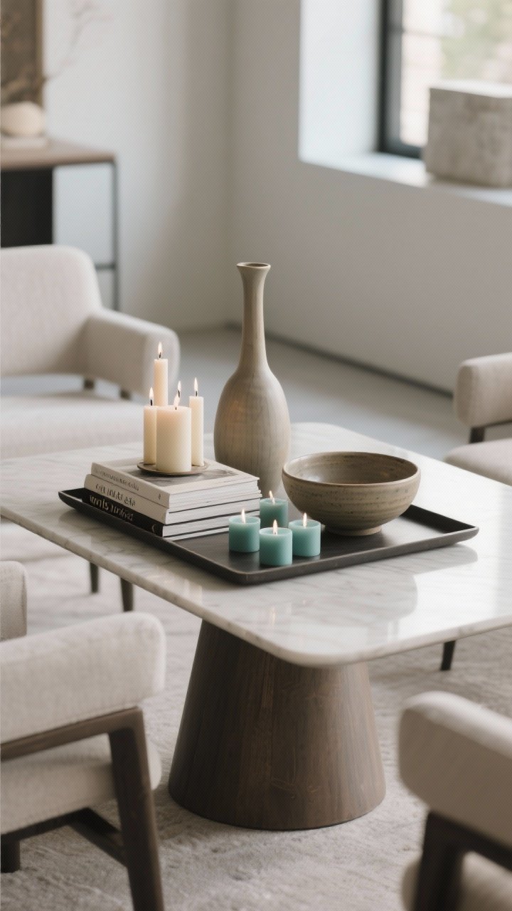 Medium, angled shot playing with height: a low pedestal tray and a stacked coffee-table book elevating a vase and a candle cluster; one tall slender vase, one medium ceramic bowl, and several small tealights create a tapered skyline centered on the table; clear sightlines across seats with no visual “walls,” balanced, contemporary composition.