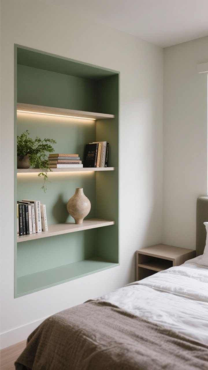 Medium, angled view of a built-in shelving niche flanking the bed, shallow 8–10 inch shelves styled in thirds: curated books, a sculptural ceramic object, and a touch of greenery; the back of the niche painted a contrasting sage to add depth; concealed LED strips under each shelf for soft, indirect light; calm, functional elegance.