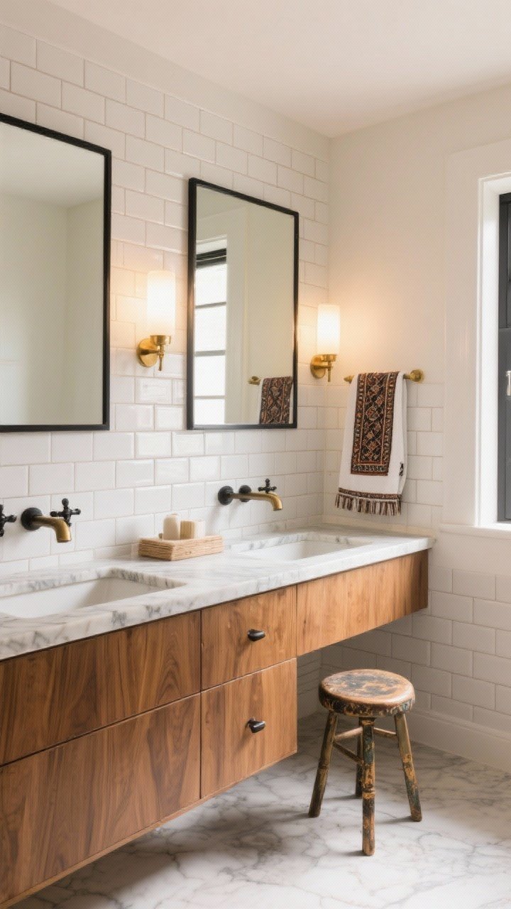 Medium bathroom scene: subway tile with slight bevel and varied tones, black and brass mixed fixtures, a warm wood vanity topped with soft-veined marble or quartz, eye-level sconce lighting flanking a mirror, Turkish towels draped and a small vintage stool; bright, spa-like light; photorealistic.
