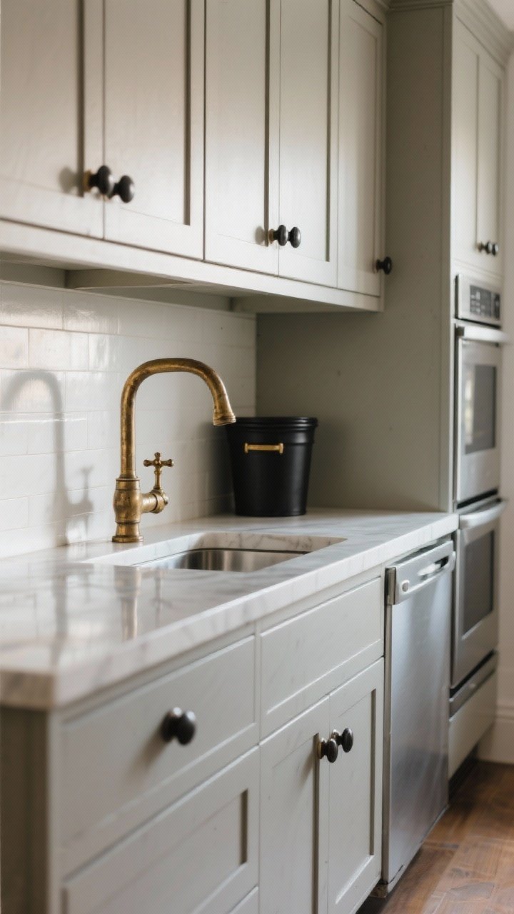 Medium closeup: Cabinet run showcasing mixed farmhouse metals—matte black bin pulls and simple knobs, an aged brass bridge faucet with cross handles, and stainless appliances nearby. Keep finishes to two for cohesion; the contrast between black hardware, brass accents, and stainless reads intentional. Natural morning light adds gentle reflections.