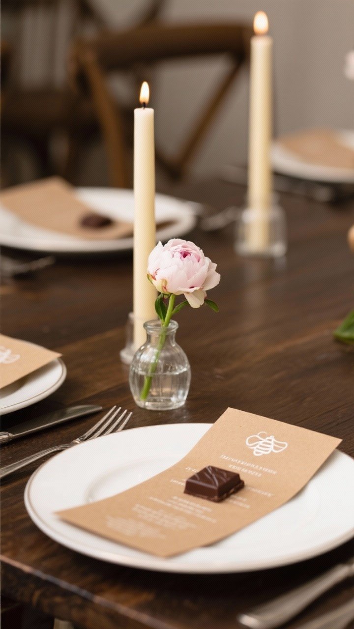 Medium closeup of a signature dining flourish: a consistent motif across place settings—tiny bud vases each with a single peony, a simple kraft paper menu card printed in white ink at every seat, tall creamy beeswax tapers as the recurring candle color, and a mini treat (a single dark chocolate square) resting on each plate; cohesive, memorable, and photorealistic.