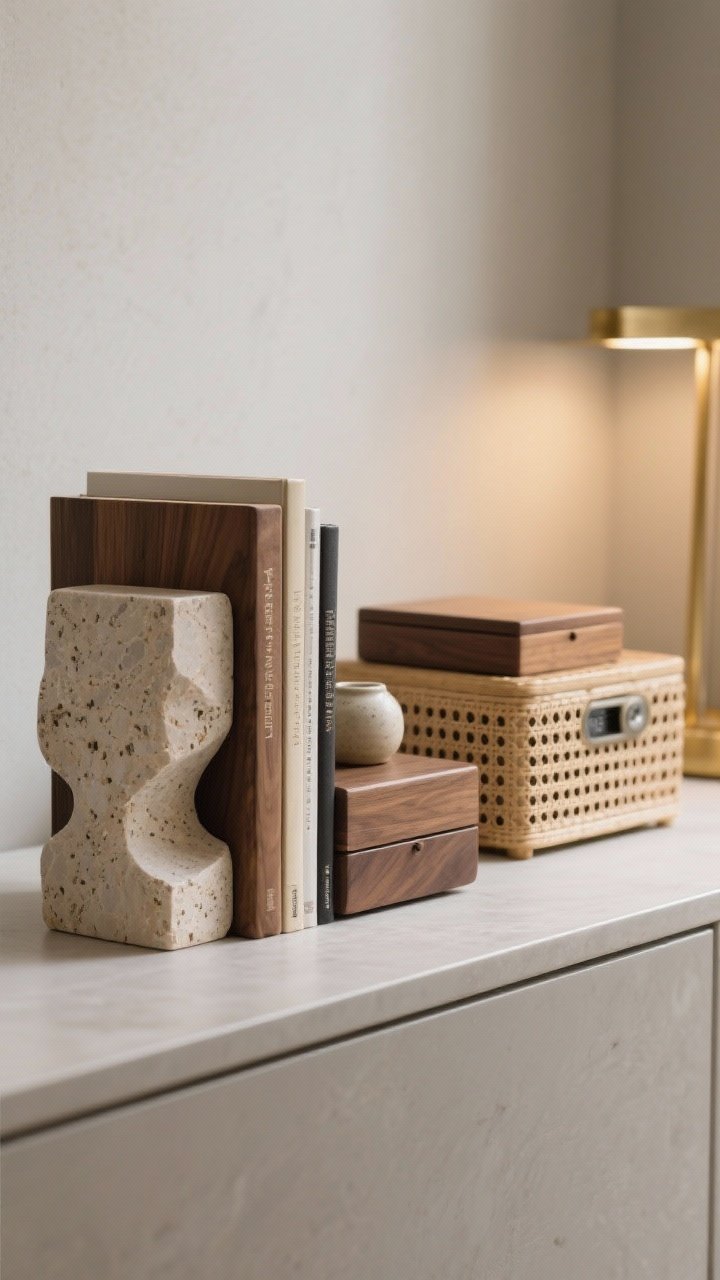 Medium closeup of bookends and boxes as form-plus-function: sculptural travertine bookends corralling vertical books, a stacked pair of slim walnut boxes lifting a small ceramic to eye level, and a perforated rattan box subtly disguising a router behind it. Cool neutral palette with brass accents, side lighting revealing materials.