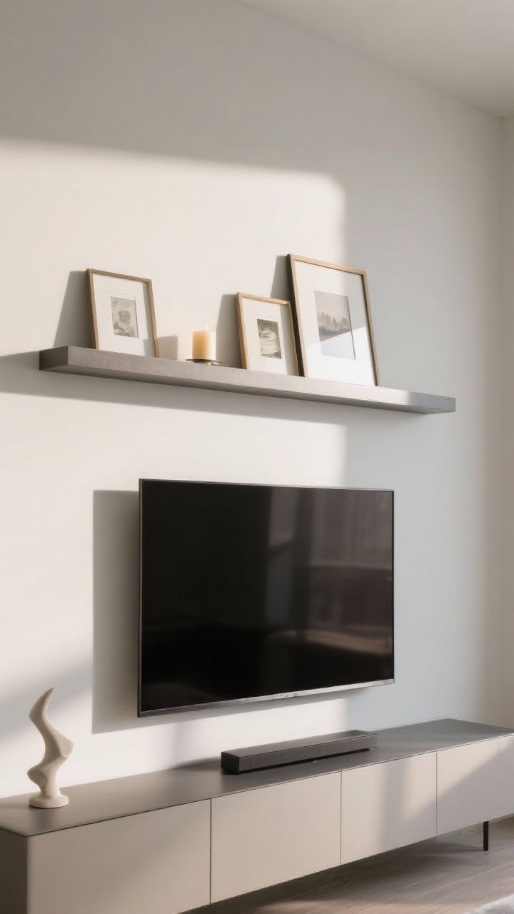 Medium closeup, straight-on detail of a slim picture ledge installed above a TV: the ledge sits 4–6 inches above the screen; 2–3 layered frames of varying heights resting on the ledge, plus a small candle and a petite sculptural object; finishes coordinated with the media console; subtle afternoon light raking across the wall for gentle shadows; crisp, minimal styling, photorealistic.