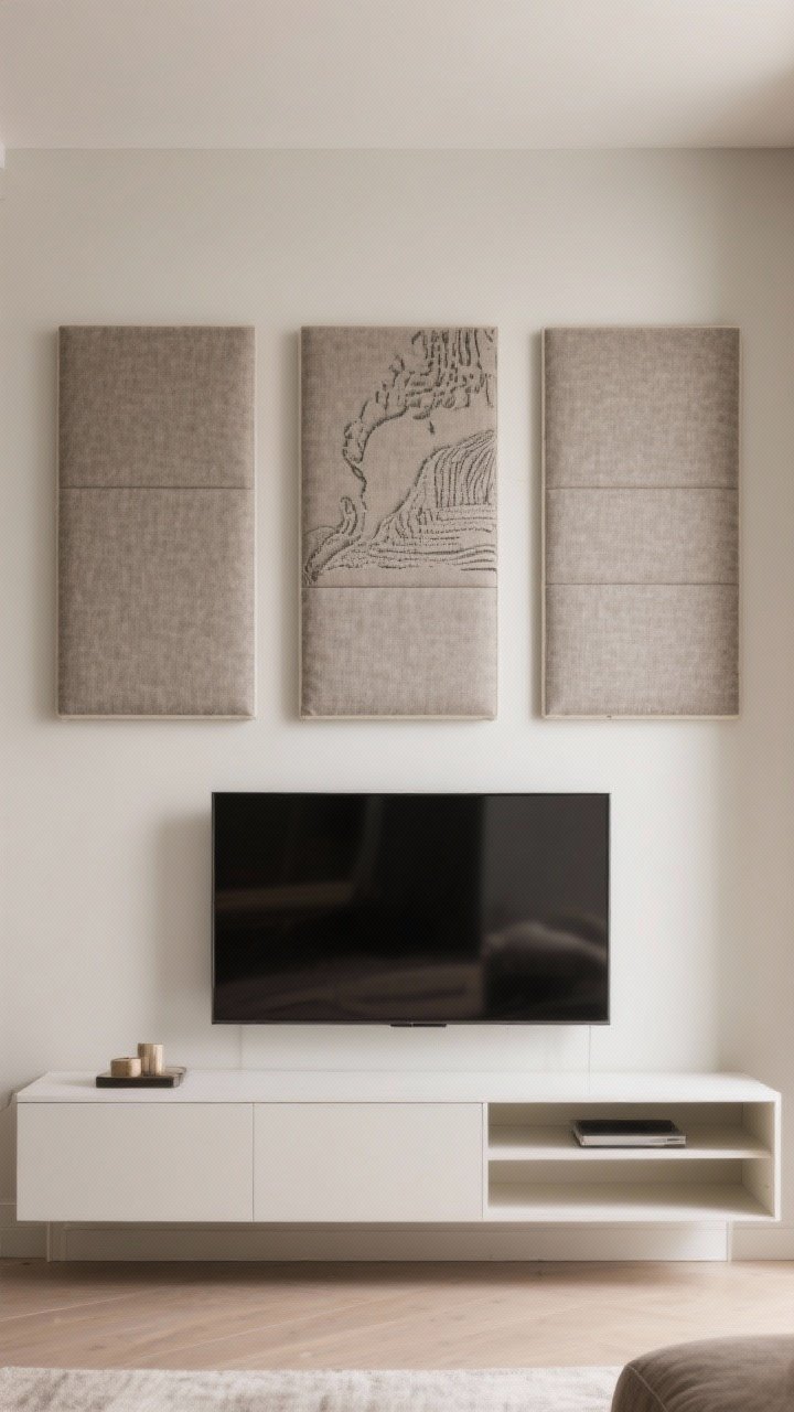 Medium closeup, straight-on of acoustic panels doubling as art above the TV: three fabric-wrapped panels arranged as a triptych at ear-to-chest height, featuring solid textured fabrics and/or printed designs within the room’s color scheme; subtle edge seams, matte finish to absorb echo; clean lines, minimal accessories for focus; soft, even lighting to showcase fabric texture; photorealistic.