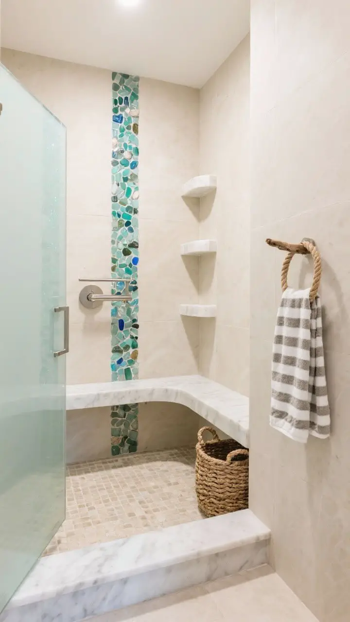 Medium coastal walk-in: sand-colored porcelain walls, back wall featuring a vertical strip of sea-glass mosaic in watery blues and greens with subtle shimmer; polished nickel fixtures for a watery gleam; white quartz threshold at entry; sandy-toned matte mosaic floor underfoot; corner quartz shelves instead of a niche; curved-edge fixed glass panel softening lines; styled with rope-texture basket, striped towel, driftwood hook; soft daylight with a beachy, relaxed mood.