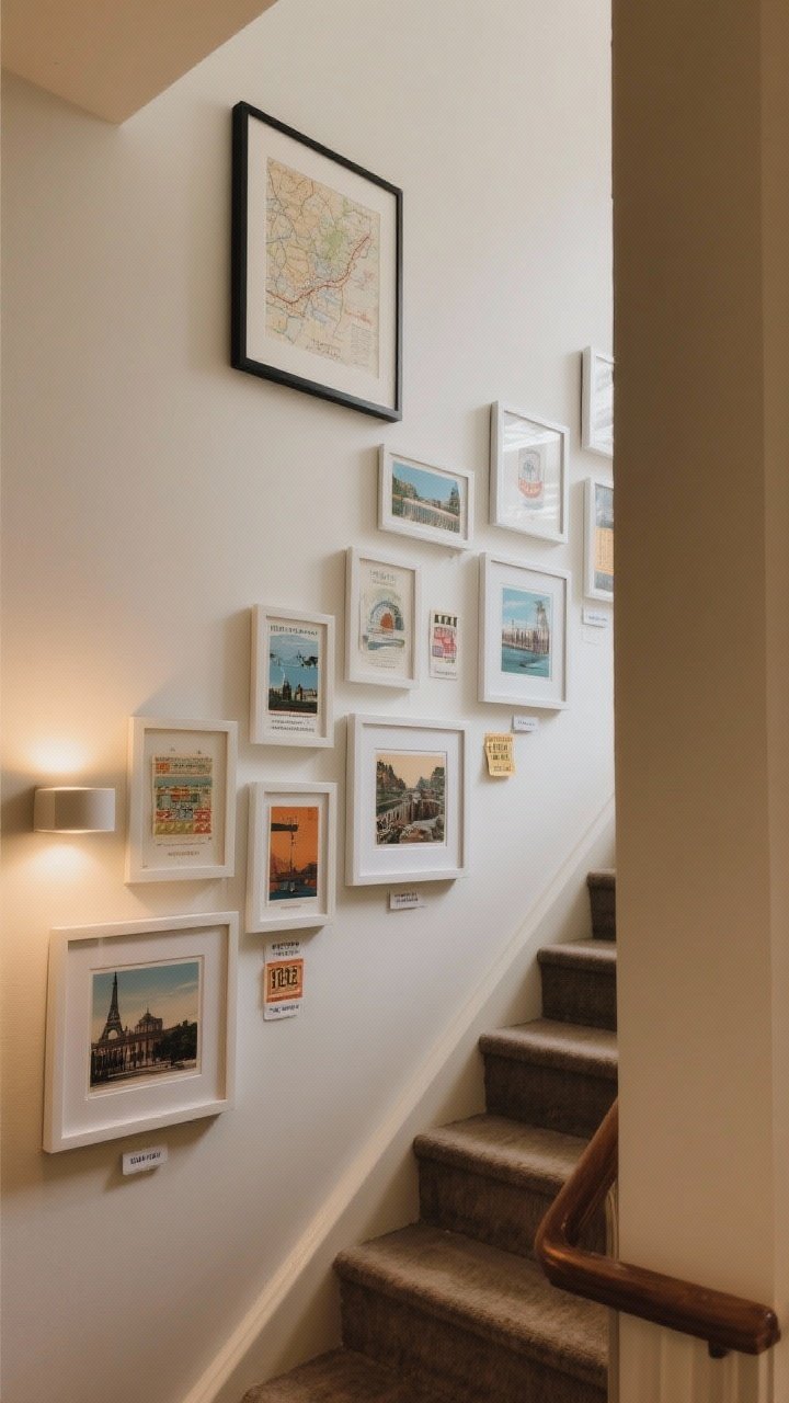 Medium corner angle: A travel and memory wall climbing the stairs with maps, postcards, and ticket stubs in shadow boxes; arranged chronologically from bottom to top; uniform off-white mats tie eclectic pieces together; small label captions beneath select frames; warm spotlighting from a picture light near the landing.