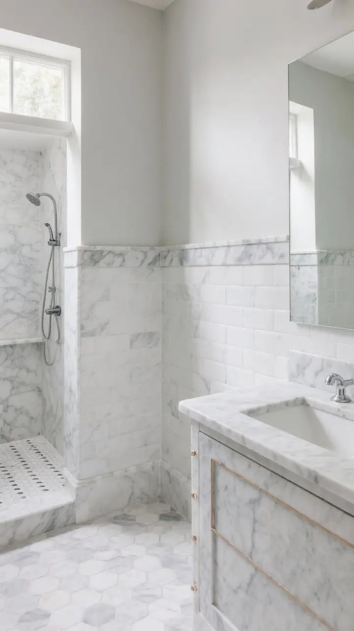 Medium corner angle of a marble-rich space mixing cuts and scales: marble subway tile wainscot on the walls capped with a marble chair rail, and a Carrara hex mosaic floor; the vanity features a honed marble slab top with pencil trim accents; subtle, natural window light reveals the honed finish texture; a ceramic marble-look tile appears in the shower zone for practicality.