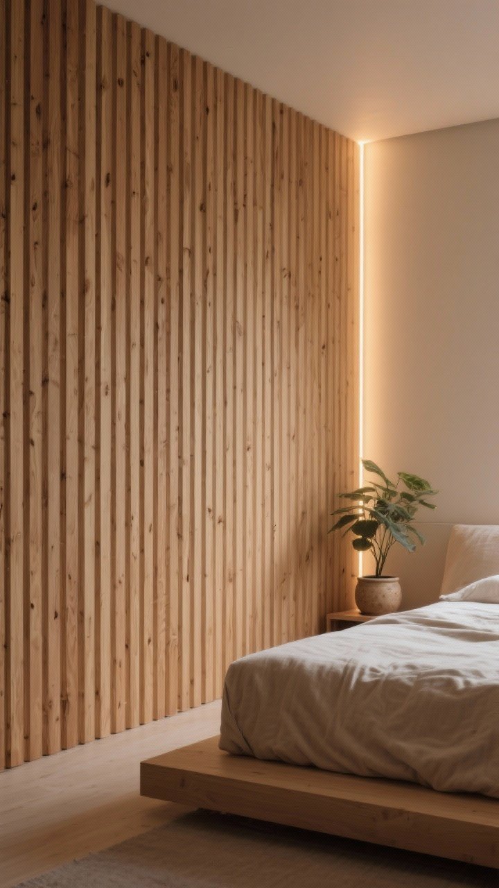 Medium, corner-angle shot of a vertical wood slat accent wall in light oak with consistent spacing, sealed in low-sheen; a thin concealed LED strip runs along one edge creating a subtle halo; minimalist platform bed in linen, simple bedding, and a plant in a ceramic pot; the slats run from floor to ceiling, visually heightening the room; warm, soft evening lighting.